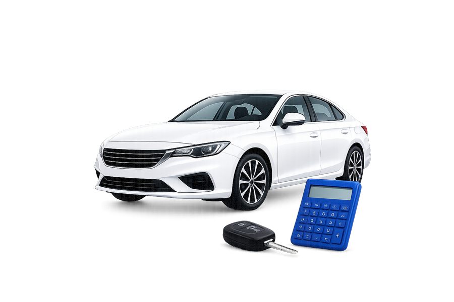 Carro branco com chave e calculadora azul